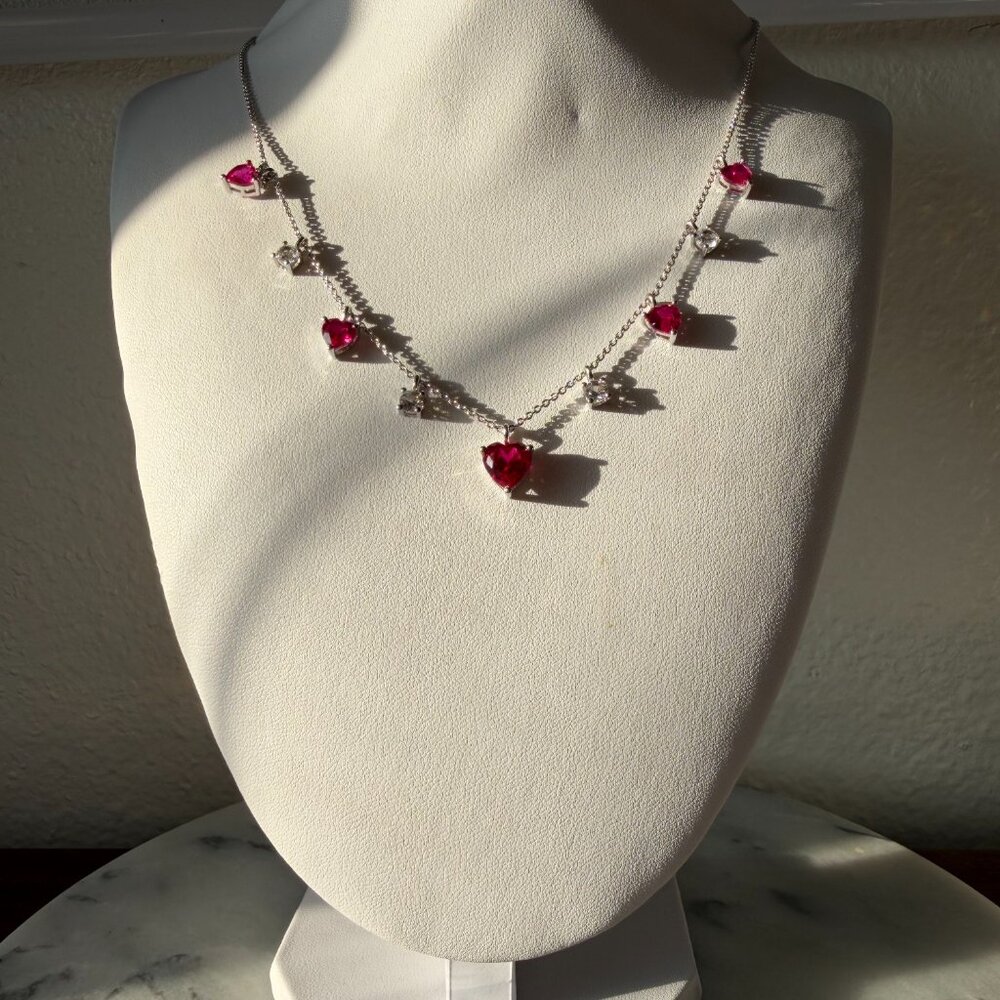 Beautiful Created Ruby & Created White Sapphire Heart Sterling Silver Necklace - Picture 10 of 15